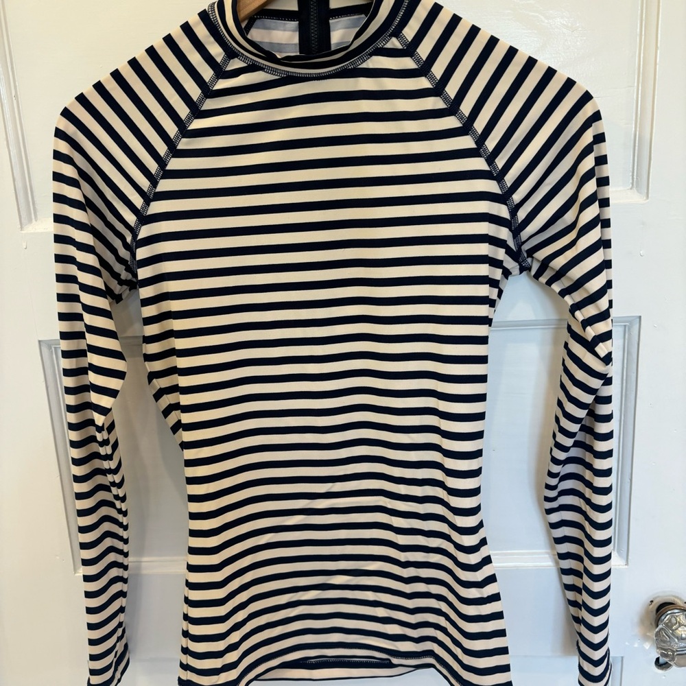 Women's J. Crew L/S Rashguard Top Striped Cream/Navy, Size S